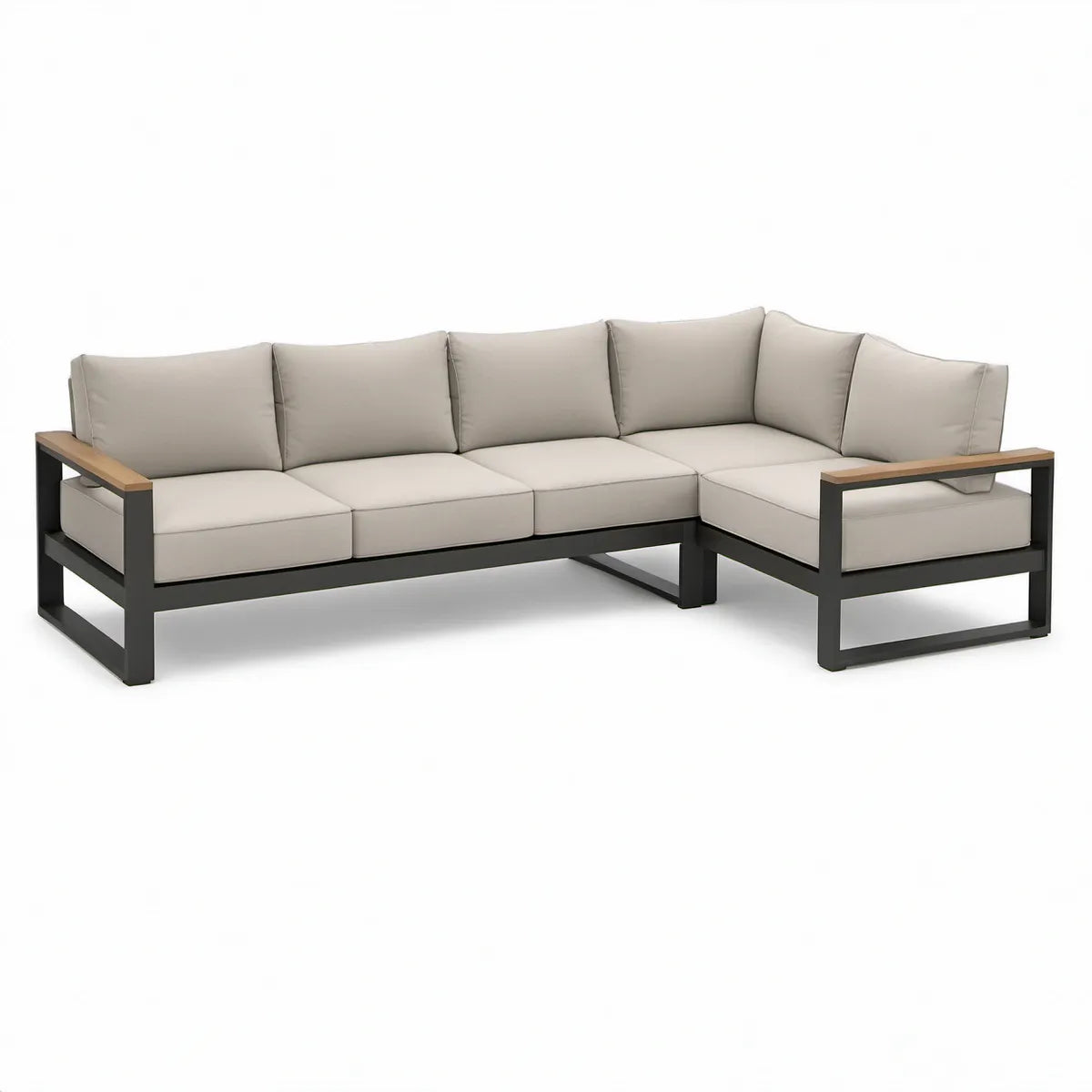 Outdoor L-Shaped Sectional Sofa, Beige Cushions, Black Aluminum Frame, Brown Armrest Inserts, 280 x 220 x 75 cm