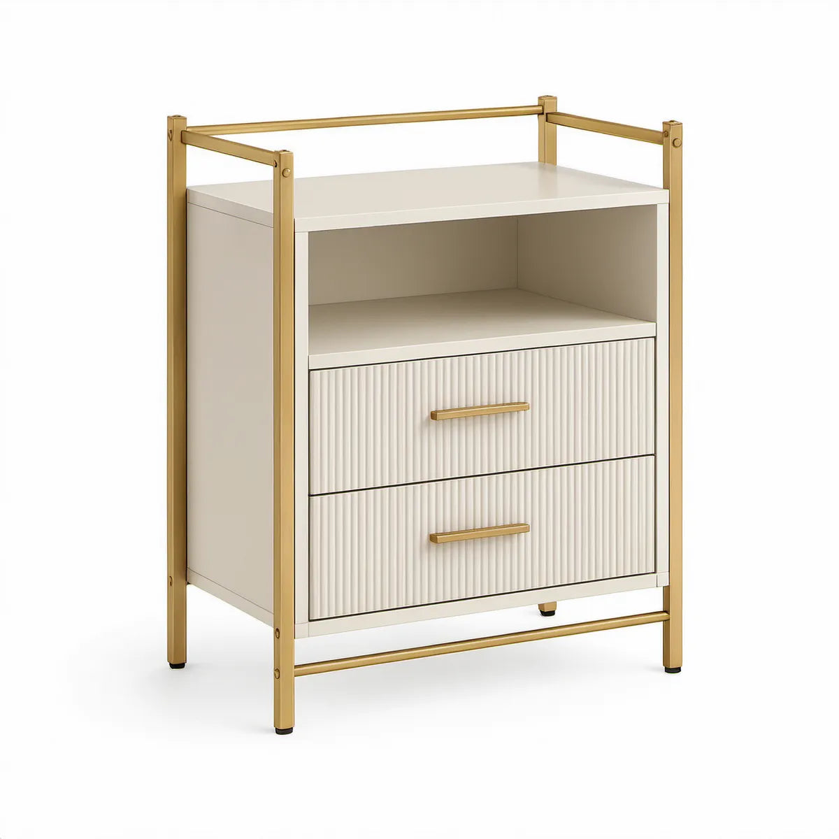 2-Drawer Nightstand with Open Shelf and Steel Frame, White/Gold, 23.6 x 17.7 x 30.3 in.