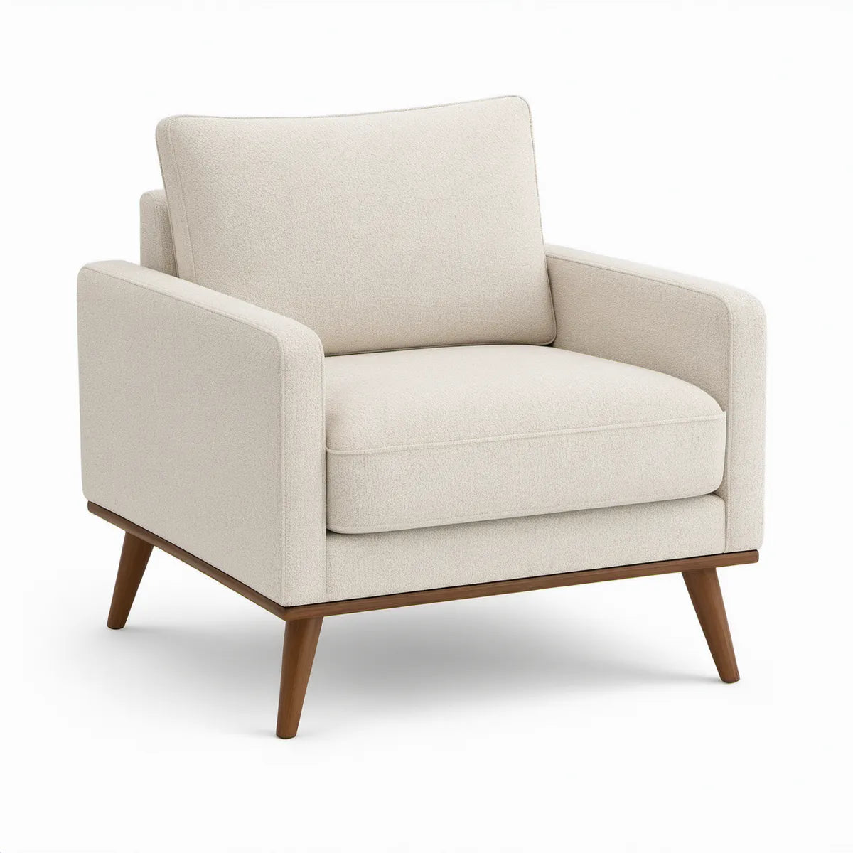 Cream Boucle Upholstered Armchair with Walnut Brown Rubberwood Legs, 31.5 x 34 x 34 in
