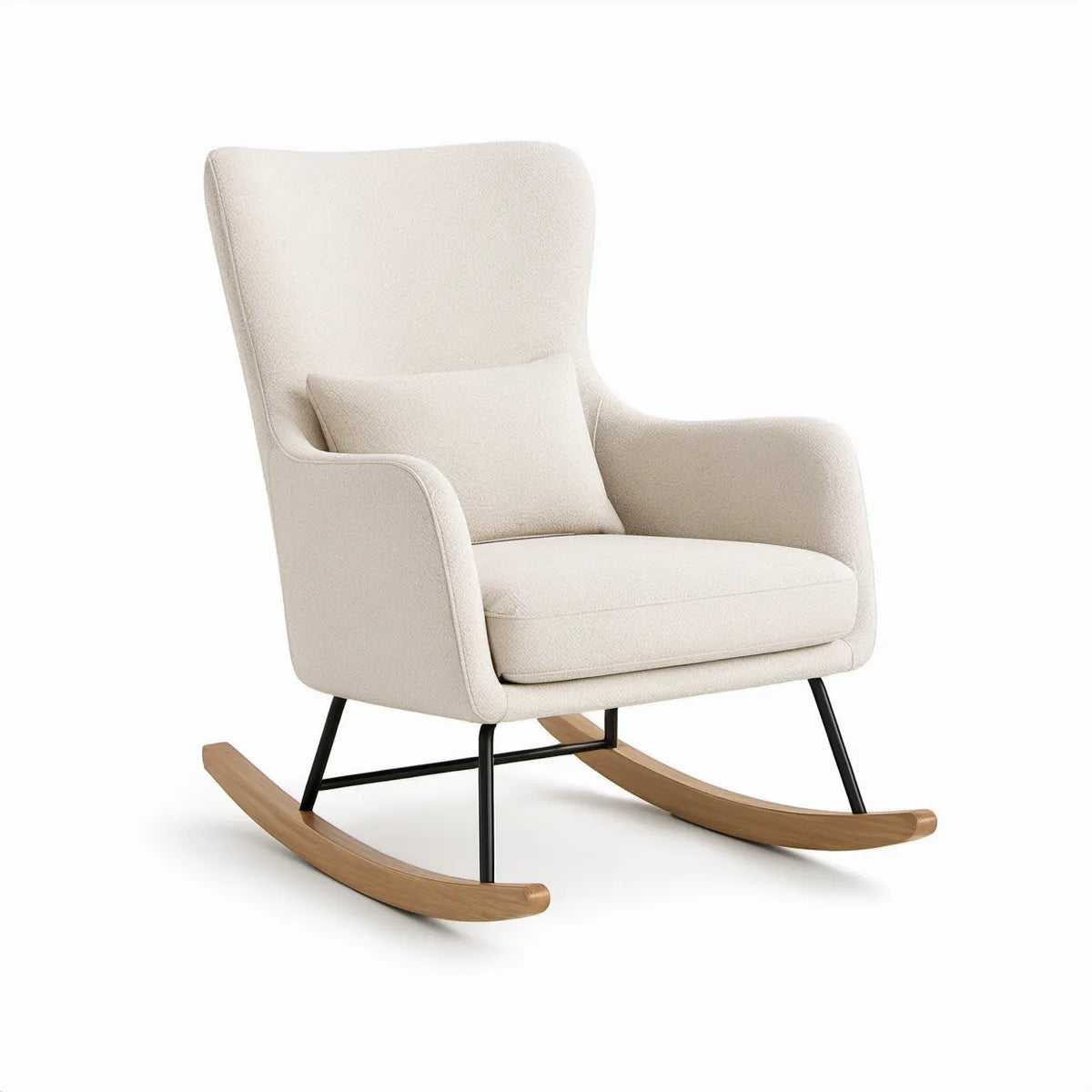 Cream Boucle Upholstered Rocking Chair with Lumbar Pillow, 30 x 35 x 39 in