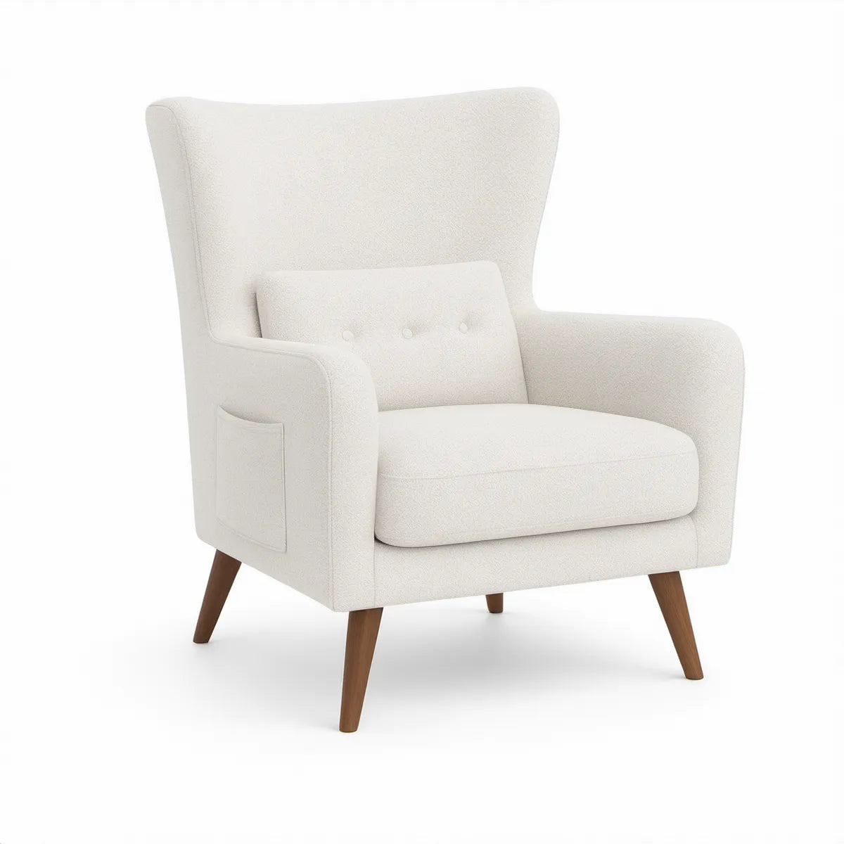 Cream Boucle Wingback Armchair with Walnut Brown Rubberwood Legs, 30 x 34 x 40 in