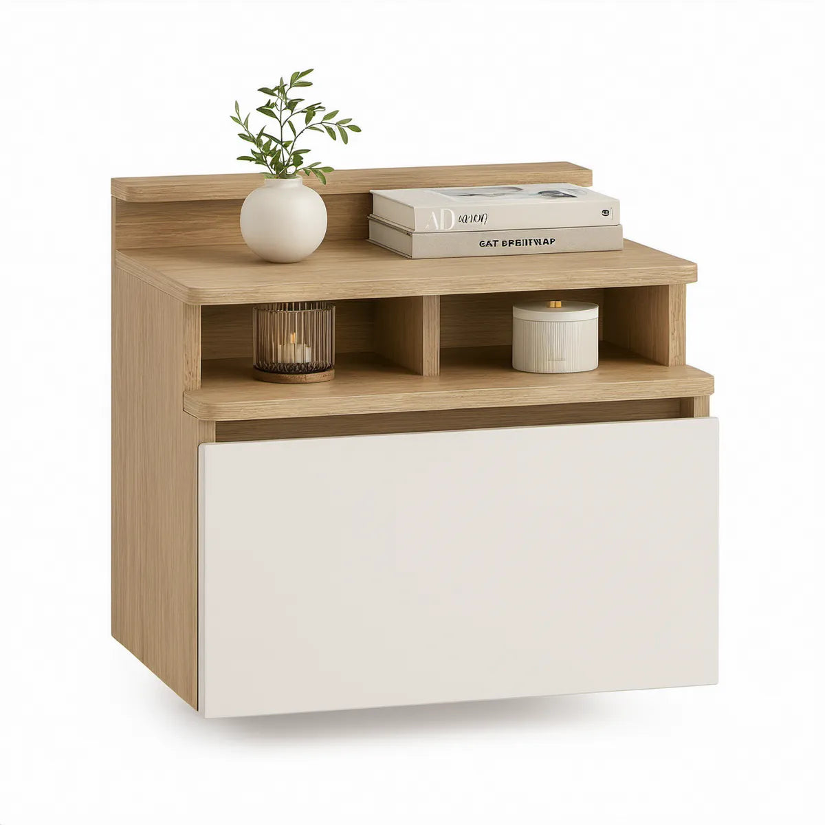 Light Oak and White Nightstand with Drawer and 2 Open Storage Compartments, 19.7 x 15.7 x 21.7 in
