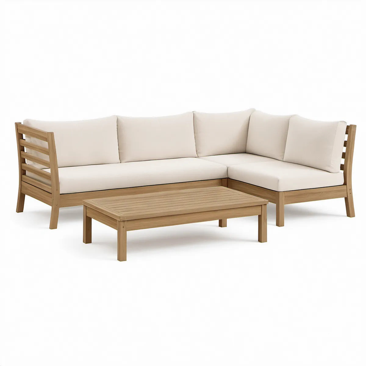 Outdoor Acacia Wood Corner Sofa with Coffee Table, Cream Cushions, 220 x 220 x 75 cm
