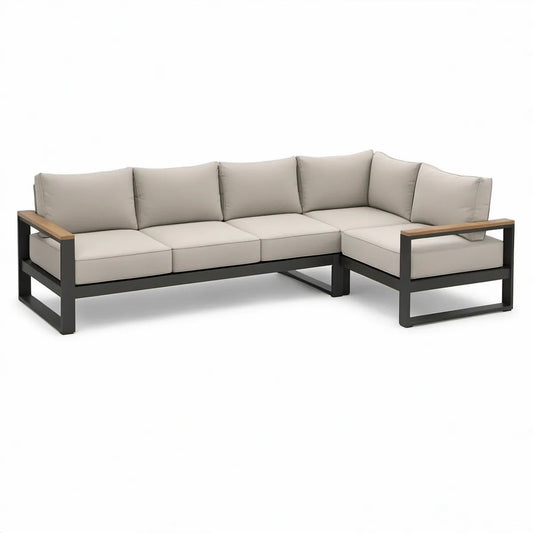 Outdoor L-Shaped Sectional Sofa, Beige Cushions, Black Aluminum Frame, Brown Armrest Inserts, 280 x 220 x 75 cm