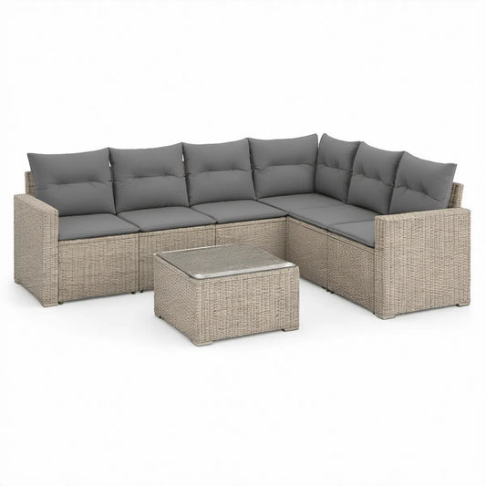 7-Piece 6-Seat L-Shaped PE Rattan Patio Conversation Set with Coffee Table, Beige/Gray, 118.1 x 78.7 x 33.5 in