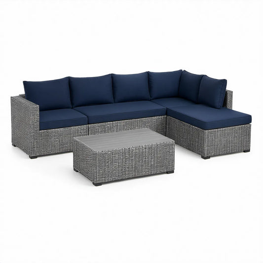 Outdoor L-Shaped Patio Sectional with Coffee Table, Gray PE Rattan and Navy Cushions, 95 x 67 x 32 in