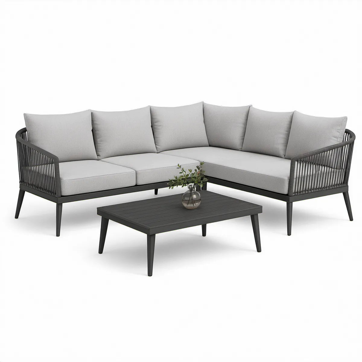 Outdoor L-Shaped Sectional Sofa with Coffee Table, 220 x 220 x 76 cm, Light Gray/Dark Gray/Black