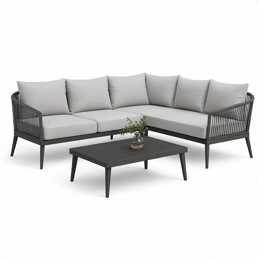 Outdoor L-Shaped Sectional Sofa with Coffee Table, 220 x 220 x 76 cm, Light Gray/Dark Gray/Black