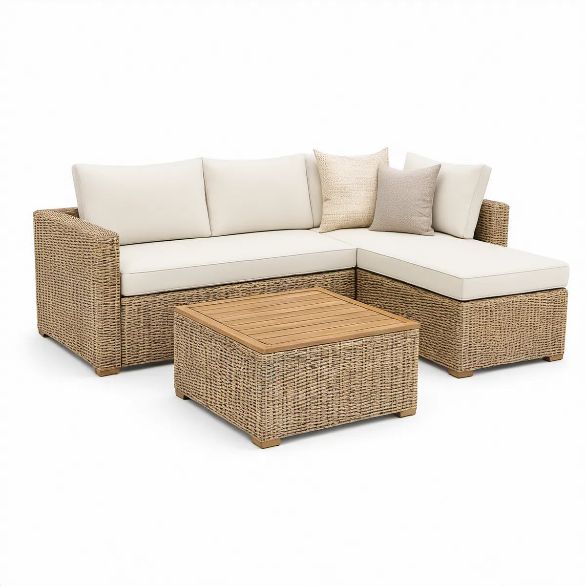 3-Piece Outdoor PE Rattan Sectional Sofa Set with Acacia Wood Coffee Table, 93.7 x 60 x 32 in, Beige/Ivory/Natural Brown