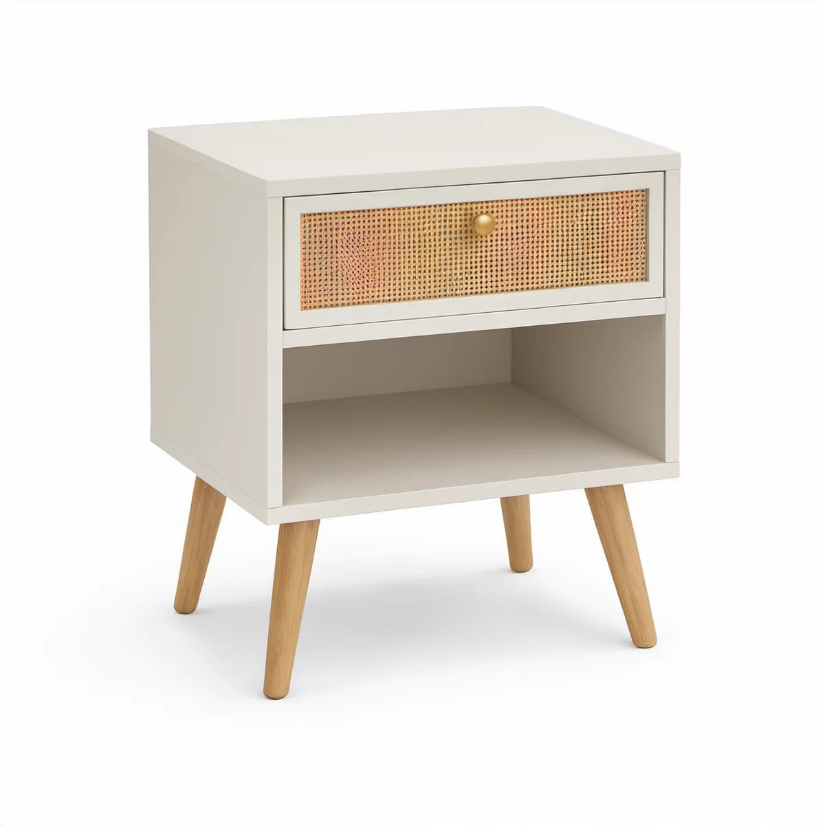 White Rattan Drawer Nightstand with Open Shelf, 18 x 15 x 24 in