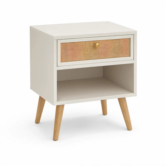 White Rattan Drawer Nightstand with Open Shelf, 18 x 15 x 24 in