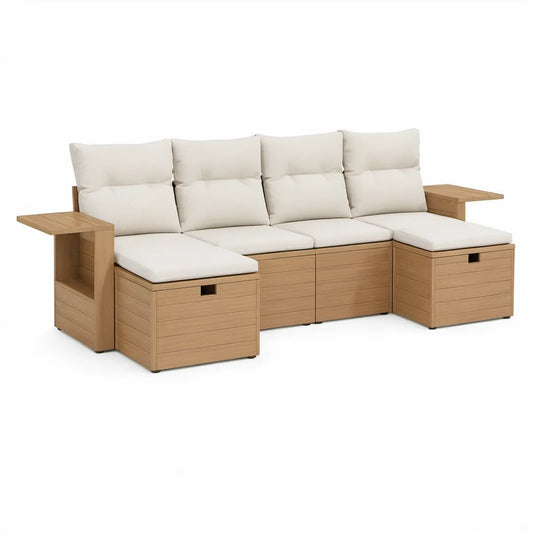 Outdoor 4-Seat Acacia Wood Sectional Seating Set, Natural Brown/Beige, 124 x 31 x 35 in