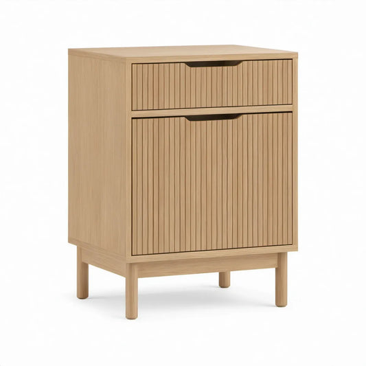 Light Oak 2-Drawer Fluted Oak Veneer MDF Nightstand, 18 x 16 x 25 in