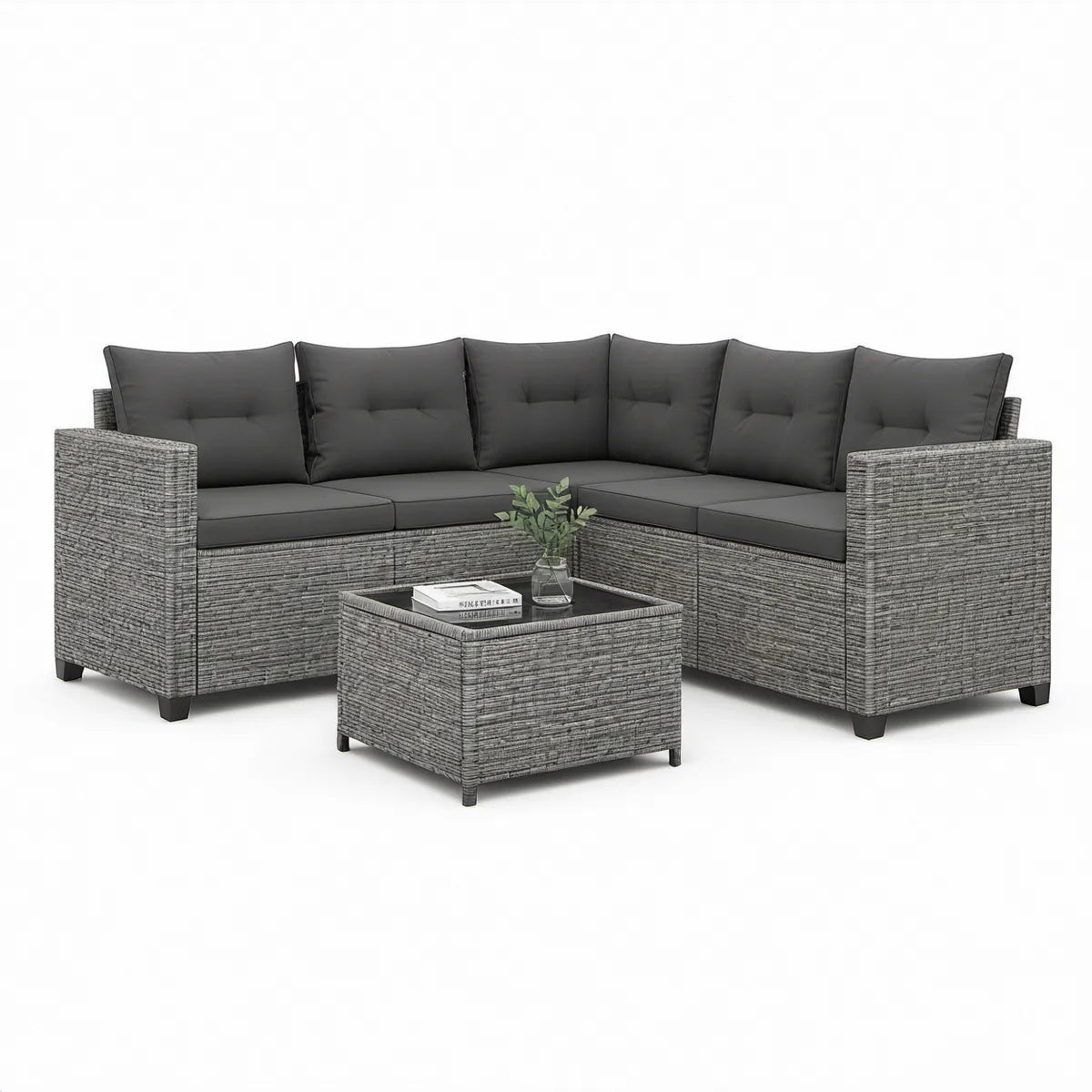 3-Piece Gray PE Rattan L-Shaped Sectional with Coffee Table, 203 x 203 x 65 cm
