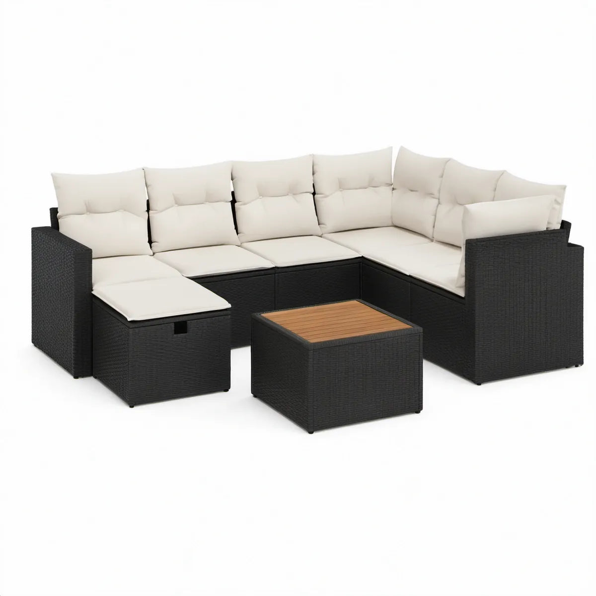 6-Piece Outdoor Patio L-Shaped Rattan Seating Set with Acacia Wood Table, 27.6 x 27.6 in, Black/Cream/Natural Brown