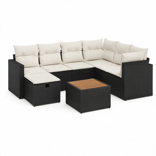 6-Piece Outdoor Patio L-Shaped Rattan Seating Set with Acacia Wood Table, 27.6 x 27.6 in, Black/Cream/Natural Brown