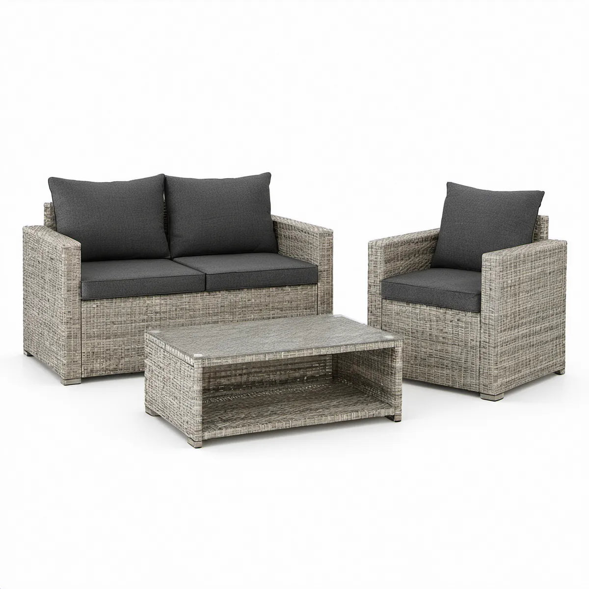 3-Piece Gray PE Rattan Patio Conversation Set with Dark Gray Cushions, Loveseat 51.2 x 28.7 x 31.5 in