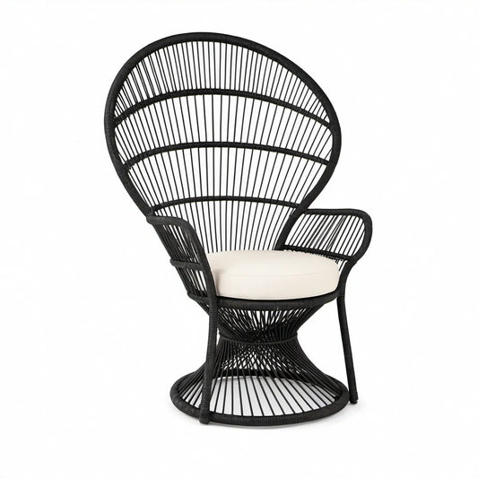 Peacock Armchair, Black PE Cord and Steel Frame with Ivory Polyester Cushion, 30 x 31 x 52 in