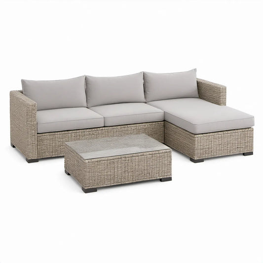 3-Piece Outdoor PE Rattan L-Shaped Sectional Sofa Set with Coffee Table, Gray/Light Gray, 200 x 145 x 65 cm