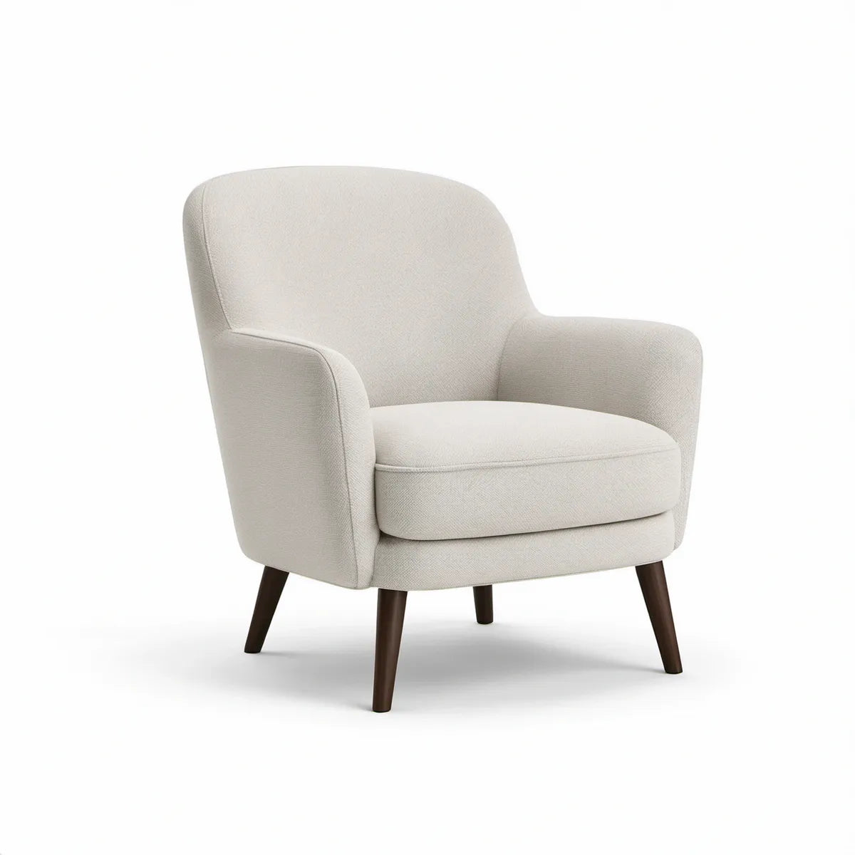 Ivory Upholstered Armchair, 29.5 x 31.5 x 34.6 in, Curved Back, Polyester Fabric, Dark Brown Rubberwood Legs