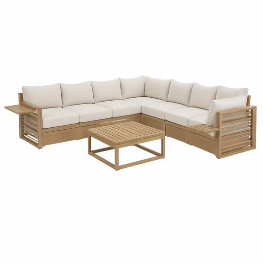6-Piece Outdoor L-Shaped Sectional Sofa Set with Coffee Table, Solid Acacia Wood, Natural Brown/Beige, 284 x 208 x 70 cm
