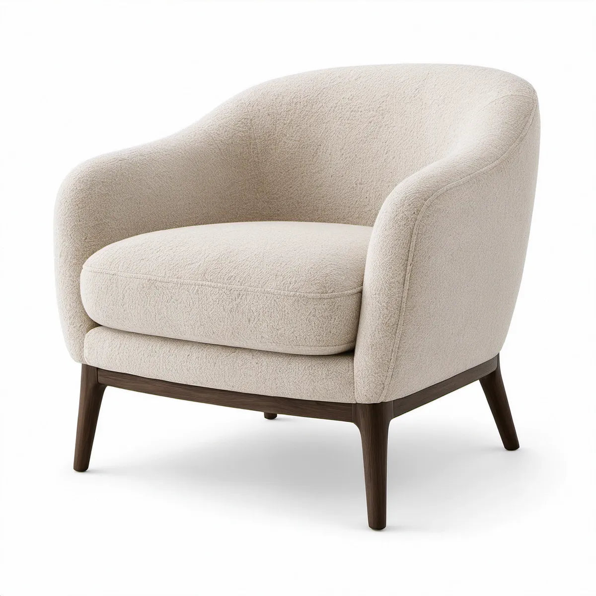 Cream Boucle Barrel Armchair with Dark Brown Rubberwood Legs, 30.3 x 31.5 x 31.9 in