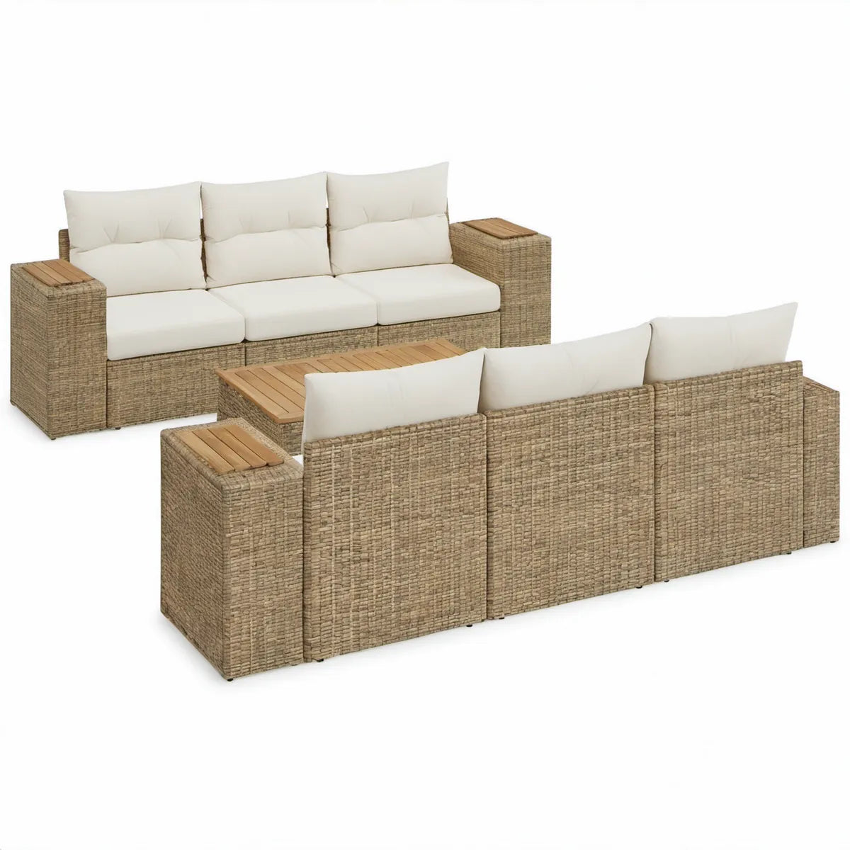 3-Piece Outdoor Patio Sofa Set with Acacia Wood Table, Beige/Ivory/Natural Brown, Sofas 210 x 78 x 70 cm