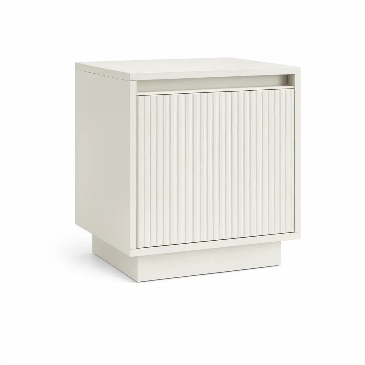 White MDF Nightstand with Fluted Door and Open Shelf, 24 x 18 x 26 in