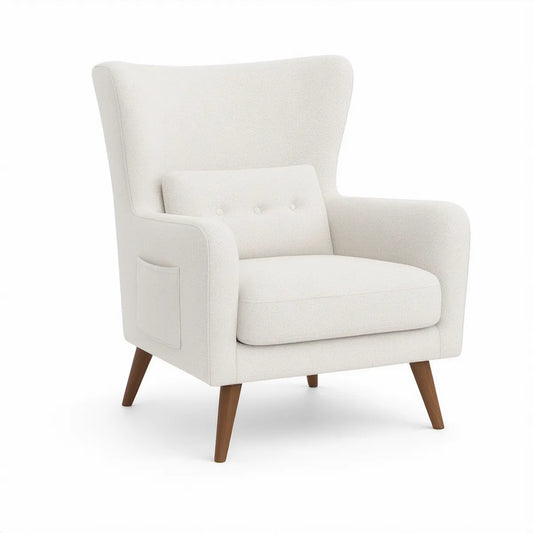 Cream Boucle Wingback Armchair with Walnut Brown Rubberwood Legs, 30 x 34 x 40 in