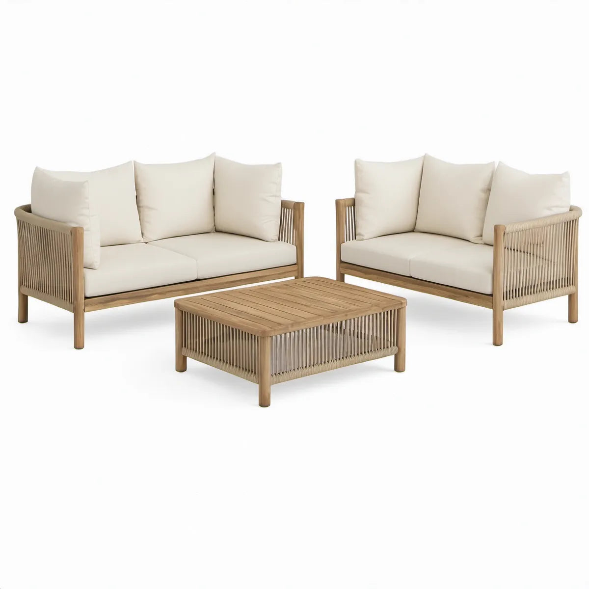 3-Piece Outdoor Patio Seating Set with Natural Brown Acacia Wood Frame, Beige Cushions, 57.5 x 30 x 30 in Seating and 35.4 x 23.6 x 17.7 in Table
