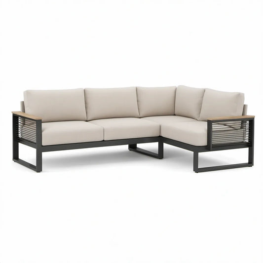 L-Shaped Outdoor Sectional with Beige Cushions, Black Aluminum Frame and Natural Brown Acacia Wood, 87.8 x 87.8 x 26.8 in
