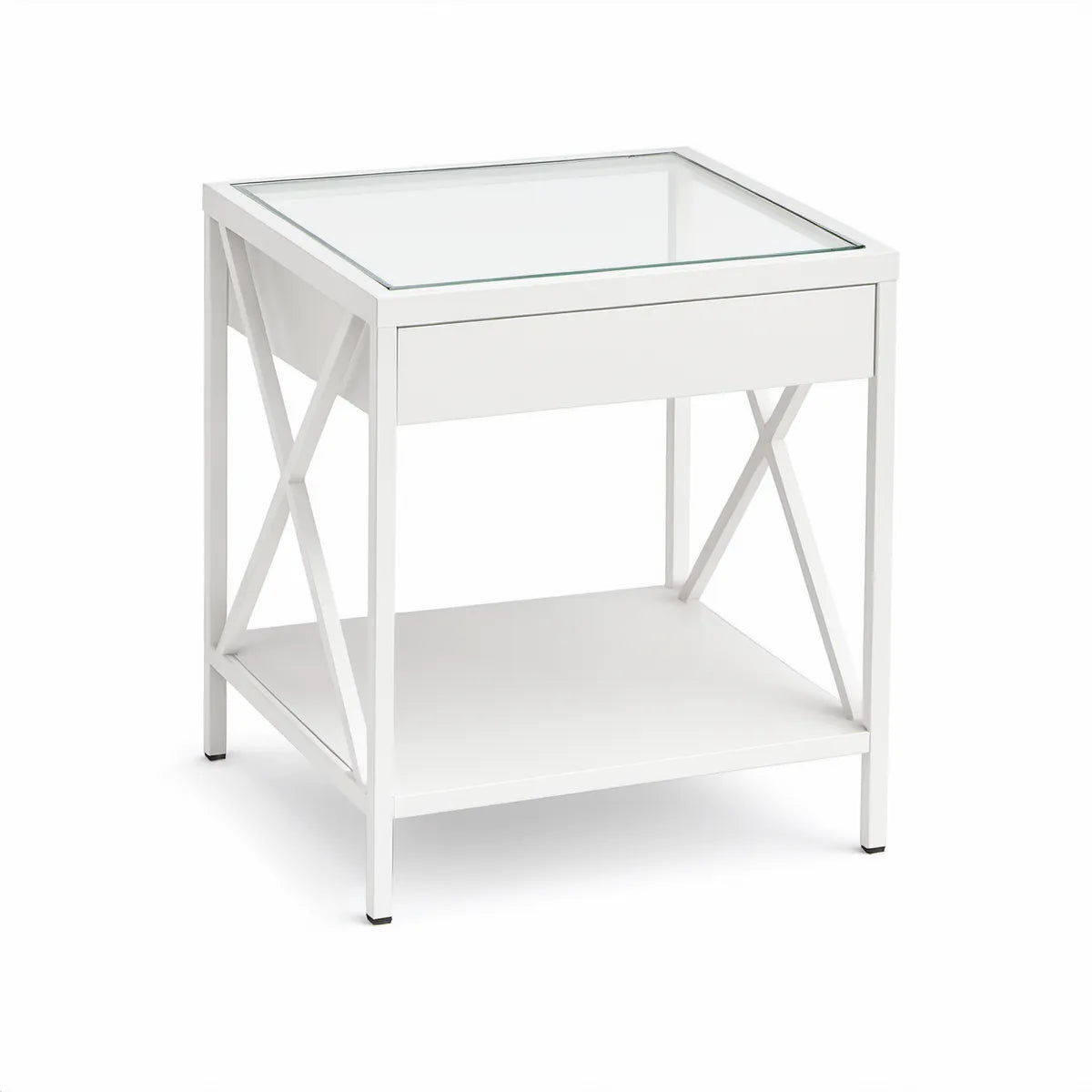 White Metal Nightstand with Clear Tempered Glass Top, Drawer and Lower Shelf, 20 x 16 x 26 in