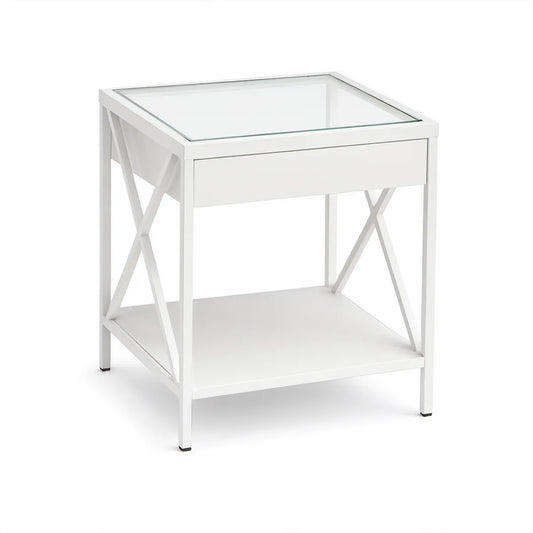 White Metal Nightstand with Clear Tempered Glass Top, Drawer and Lower Shelf, 20 x 16 x 26 in