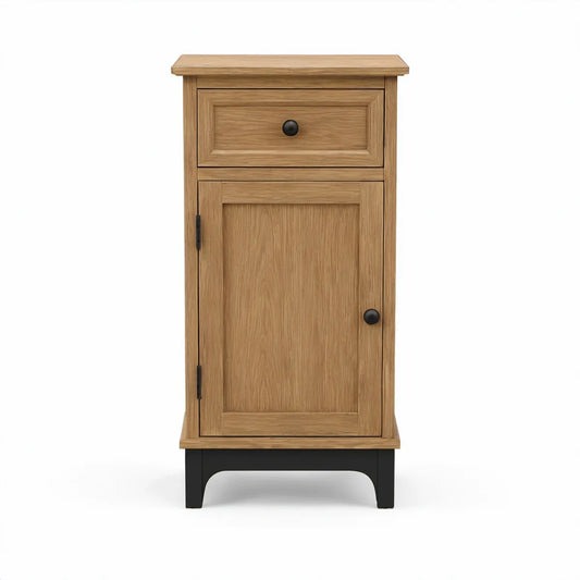 Oak and Black Engineered Wood Storage Unit with Drawer and Door, 18 x 16 x 36 in