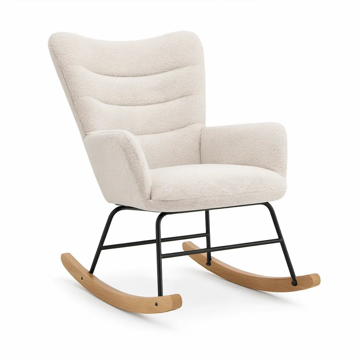 Ivory Boucle Upholstered Rocking Chair with Black Steel Frame and Light Brown Wood Rockers, 28.3 x 35 x 39 in