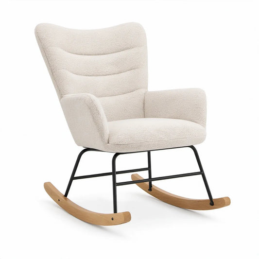 Ivory Boucle Upholstered Rocking Chair with Black Steel Frame and Light Brown Wood Rockers, 28.3 x 35 x 39 in