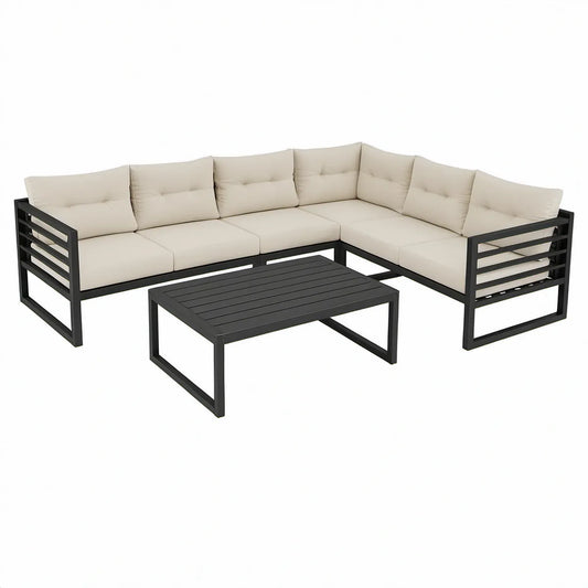 3-Piece Outdoor L-Shaped Sectional Set with Coffee Table, 194 x 194 cm, Black/Beige