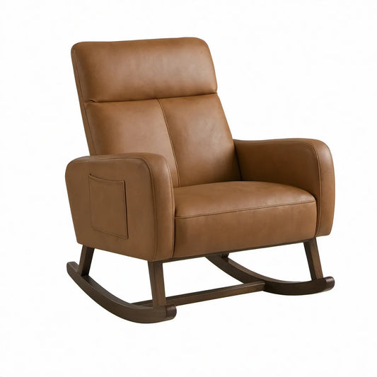 Brown PU Leather High-Back Rocking Chair with Side Pocket, 32 x 35 x 40 in