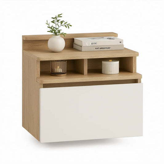 Light Oak and White Nightstand with Drawer and 2 Open Storage Compartments, 19.7 x 15.7 x 21.7 in